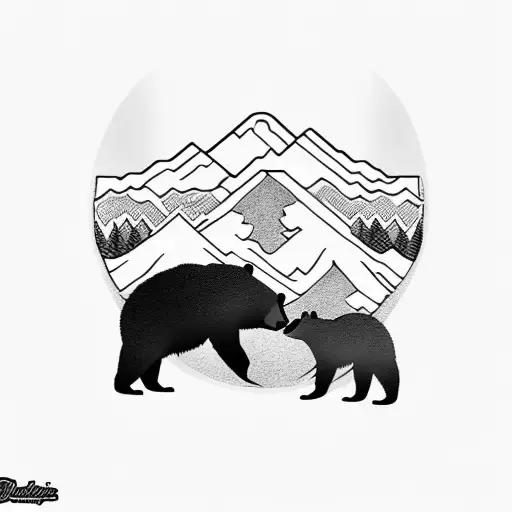 dad bear and son bear touching noses inside bear paw with mountains behind it  tattoo design idea