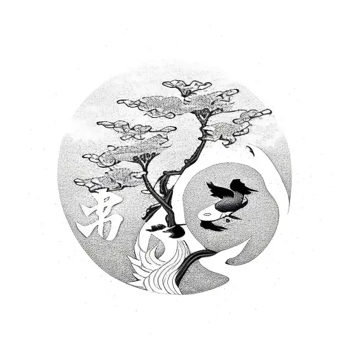 sakura tree, yin Yang koi pond, raven on a stick, red sun tattoo design idea