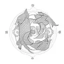 sakura tree, yin Yang koi pond, raven on a stick, red sun tattoo design idea