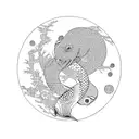 sakura tree, yin Yang koi pond, raven on a stick, red sun tattoo design idea