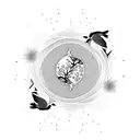 sakura tree, yin Yang koi pond, raven on a stick, red sun tattoo design idea