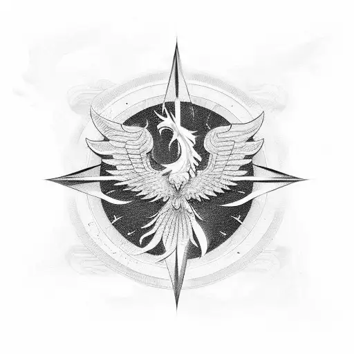 a flying phoenix landing on a compass in black and white  tattoo design idea