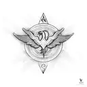 a flying phoenix landing on a compass in black and white  tattoo design idea