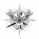 a flying phoenix landing on a compass in black and white  tattoo design idea