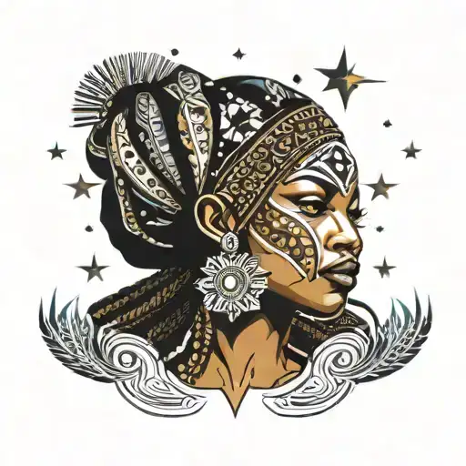 Beautifull African Woman Dancing Eyes Looking Forward   tribal style stars around her head fortex symhony tattoo design idea