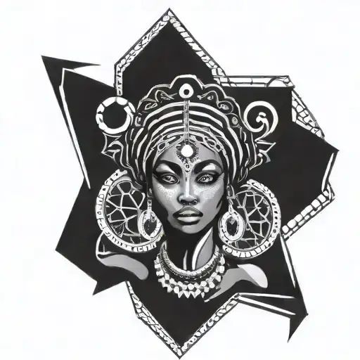 Beautifull African Woman Dancing Eyes Looking Forward   tribal style stars around her head fortex symhony tattoo design idea