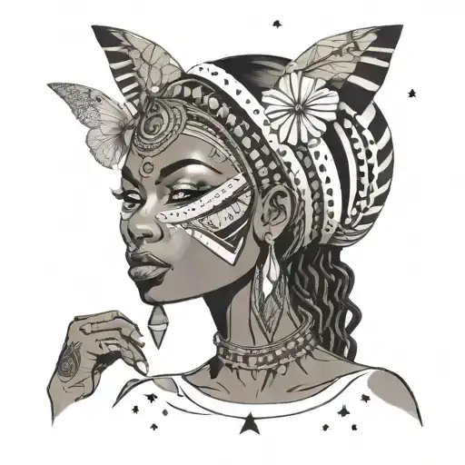 Beautifull African Woman Dancing Eyes Looking Forward   tribal style stars around her head fortex symhony tattoo design idea