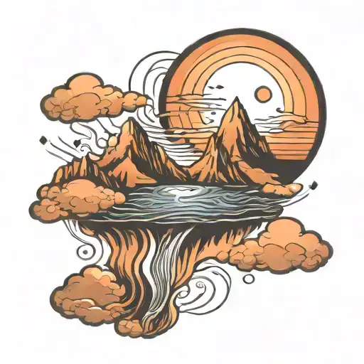 discrete sunrise surrealistic background vortex effects around the mountain the circle is full of magic  tattoo design idea