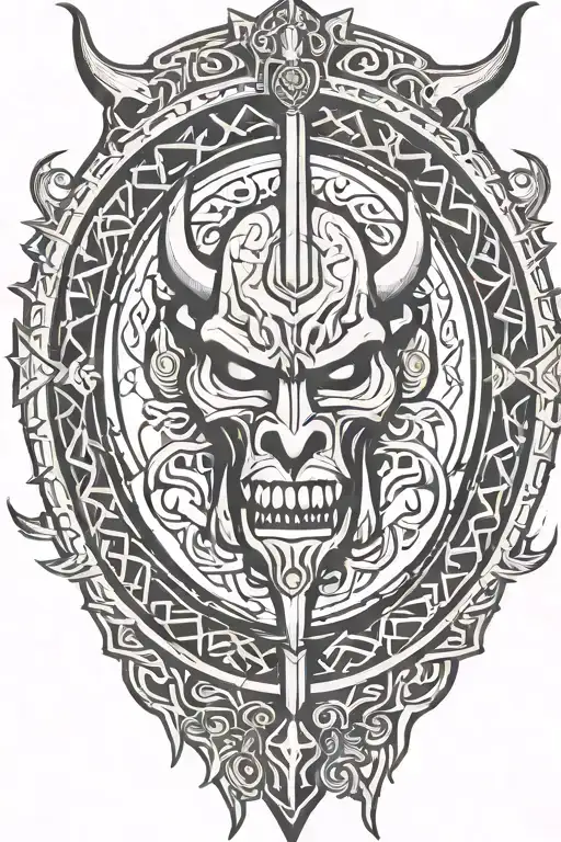  crakedwall and the devis inside from a Roman Coloseum with the tribal design with the horrible face of the devil shaman tattoo design idea