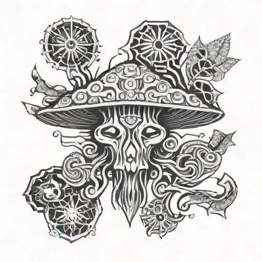 shaman funghi with fluid vector draw and around geométricand symetrical aura using minimal and ornemental style design tattoo design idea