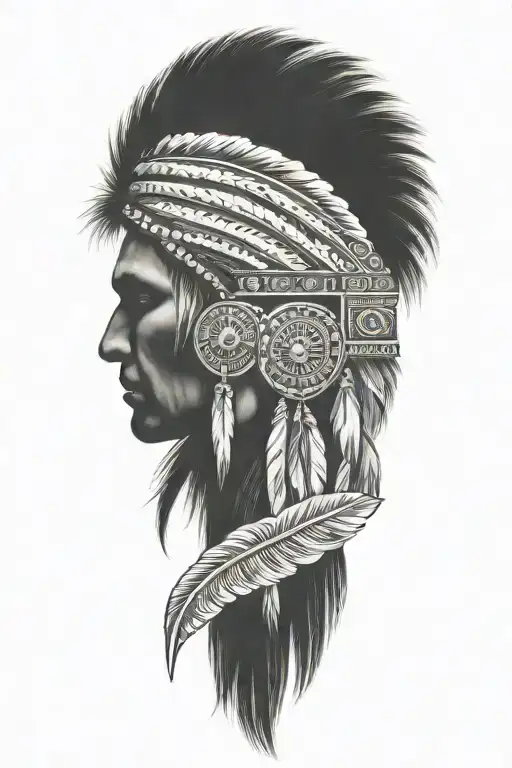 indian bow in foreground transformed, no black color cracked effects with an indian feather and an indian head tattoo design idea