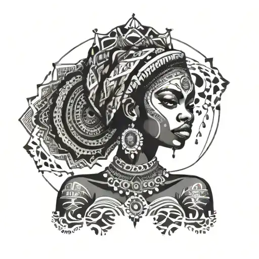 Beautifull African Woman Dancing Eyes Looking Forward  minimalism design tribal style stars around her head fortex symph tattoo design idea
