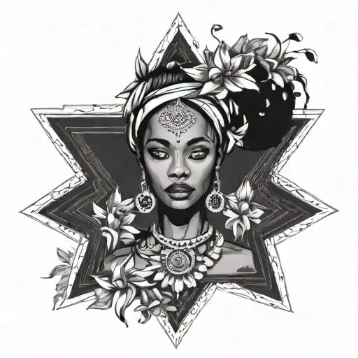 Beautifull African Woman Dancing Eyes Looking Forward  minimalism design tribal style stars around her head flowers arou tattoo design idea