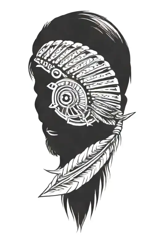 indian bow in foreground transformed, no black color cracked effects with an indian feather and an indian head tattoo design idea