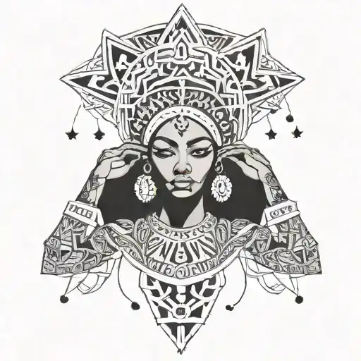 Beautifull African Woman Dancing Eyes Looking Forward  minimalism design tribal style stars around her head tattoo design idea