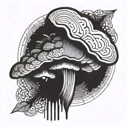 shaman funghi with fluid vector draw and around geométricand symetrical aura using minimal and ornemental style design tattoo design idea