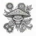 shaman funghi with fluid vector draw and around geométricand symetrical aura using minimal and ornemental style design tattoo design idea