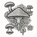 shaman funghi with fluid vector draw and around geométricand symetrical aura using minimal and ornemental style design tattoo design idea