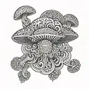 shaman funghi with fluid vector draw and around geométricand symetrical aura using minimal and ornemental style design tattoo design idea