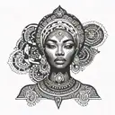 Beautifull African Woman Dancing Eyes Looking Forward  minimalism design tribal style stars around her head fortex symph tattoo design idea