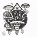 shaman funghi with fluid vector draw and around geométricand symetrical aura using minimal and ornemental style design tattoo design idea
