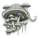 shaman funghi with fluid vector draw and around geométricand symetrical aura using minimal and ornemental style design tattoo design idea
