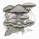 shaman funghi with fluid vector draw and around geométricand symetrical aura using minimal and ornemental style design tattoo design idea