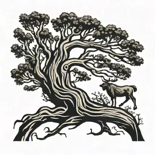 sequoia redwood tree with a cardinal on a branch and a horned bull by the roots tattoo design idea