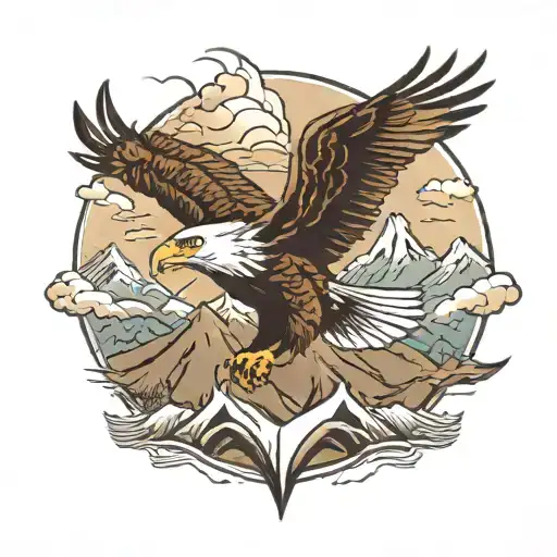 A majestic eagle soaring over a mountain range, symbolizing strength and perseverance in entrepreneurship tattoo design idea