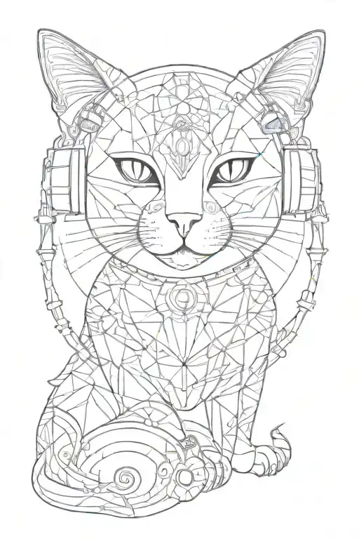 moon, geometry, chakras, cat wearing headphones tattoo design idea
