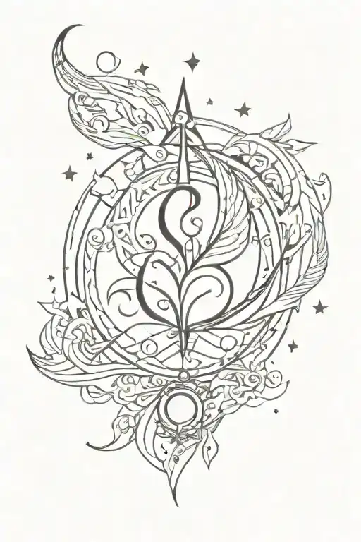 celestial witchy vibes, small heart at top of tattoo, abstract presentation, linework tattoo design idea