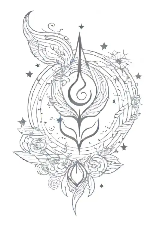 celestial witchy vibes, small heart at top of tattoo, abstract presentation, linework tattoo design idea