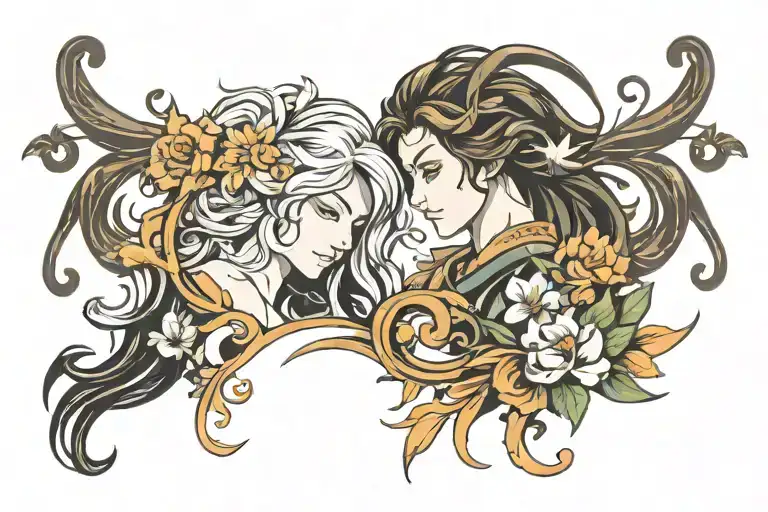 virgo flowers and aries fire fused in color tattoo design idea