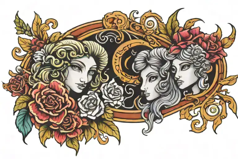 virgo flowers and aries fire fused in color tattoo design idea