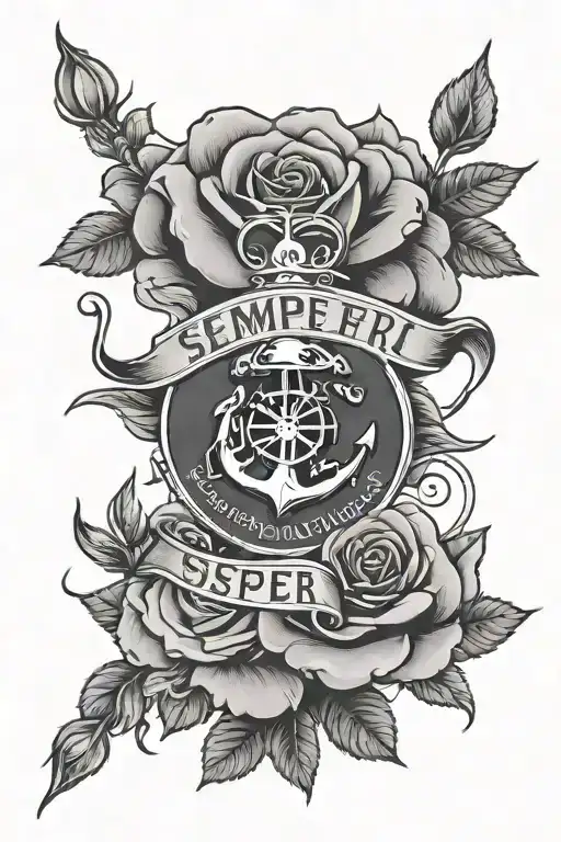 semper fi phrase with roses in the background black tattoo design idea