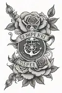 semper fi phrase with roses in the background black tattoo design idea