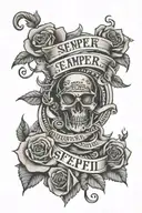 semper fi phrase with roses in the background black tattoo design idea