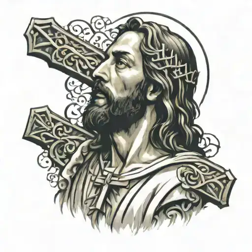 Jesus in hes cross surrounded by saints praying back tattoo tattoo design idea