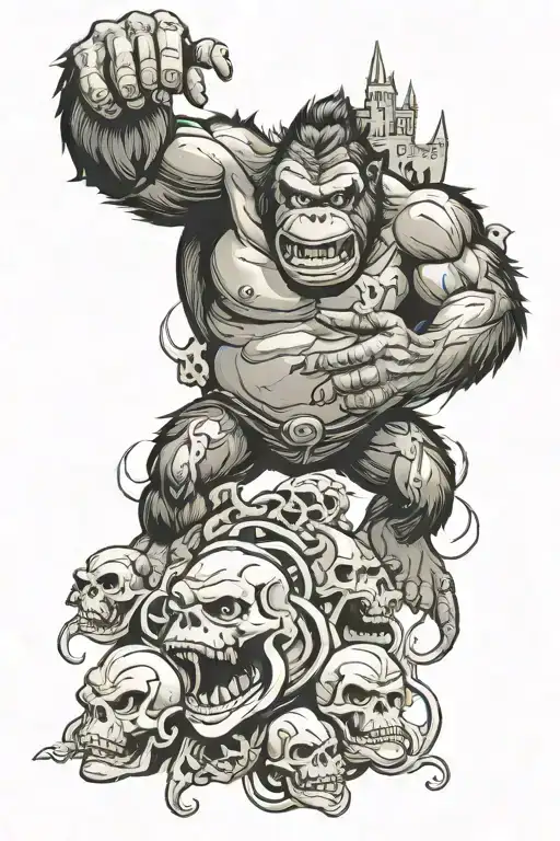 king kong mad with skulls surrounded tattoo design idea