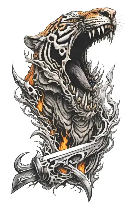  a flaming tiger skull stabbed with a knife piercing tattoo design idea