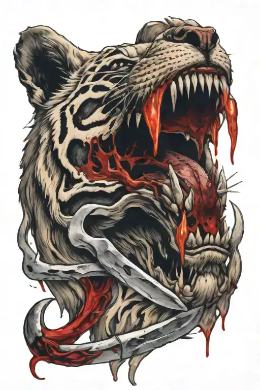  a flaming tiger skull with a knife in it with dripping blood tattoo design idea