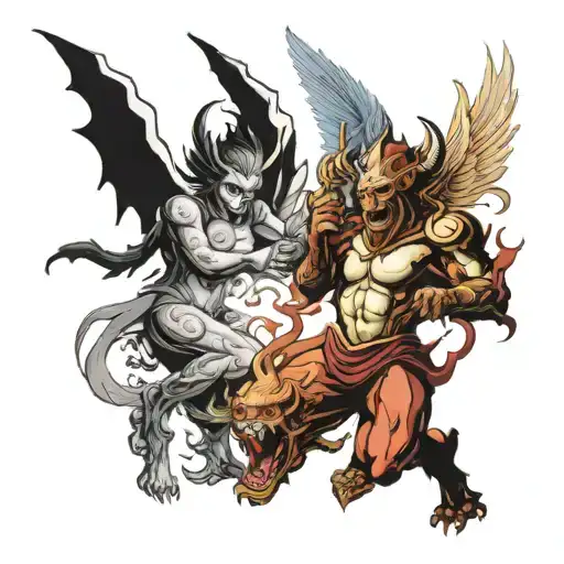 shadows with monsters hidden fighting with angels  tattoo design idea