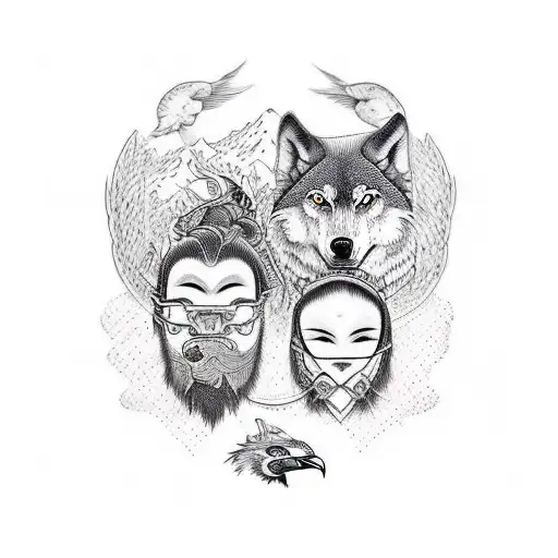 Couple of man and woman inlove, man is engineer woman biologist, has to have an eagle and a wolf tattoo design idea