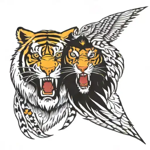 eagle face and a tiger face next to each other side tattoo design idea