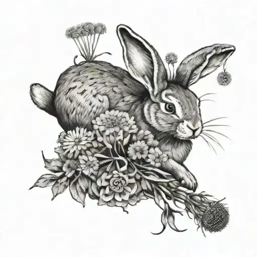 hanging ear rabbit holding dandelion flower bouquet tattoo design idea