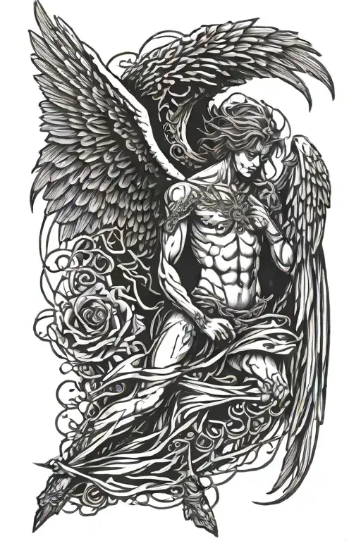 dark fallen angel with 8 wing's and no head at 88:88 o'clock  tattoo design idea