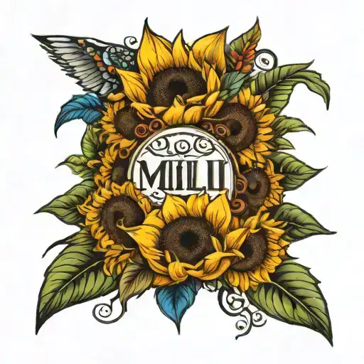 name Milli with sunflowers and paintbrush tattoo design idea