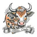 shoulder tattoo with name milli and baby cow  with paint  brush  tattoo design idea