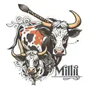 shoulder tattoo with name milli and baby cow  with paint  brush  tattoo design idea