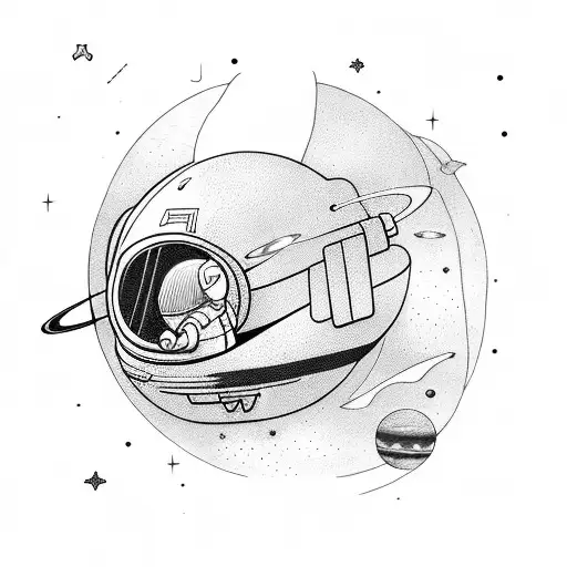 girl astronaut flying between planets without helmet  tattoo design idea